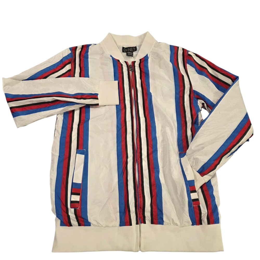 G-Net Bomber Jacket Mens White Small Striped Full Zip Polyester Pocket‎ Travel